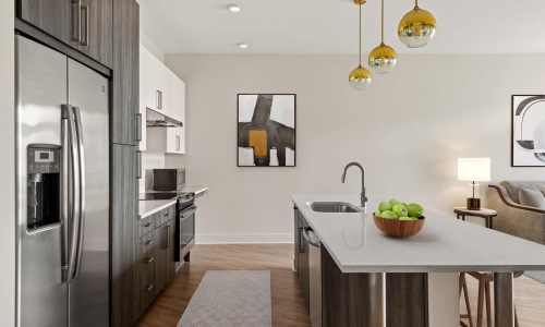 kitchen with an island and wooden floors