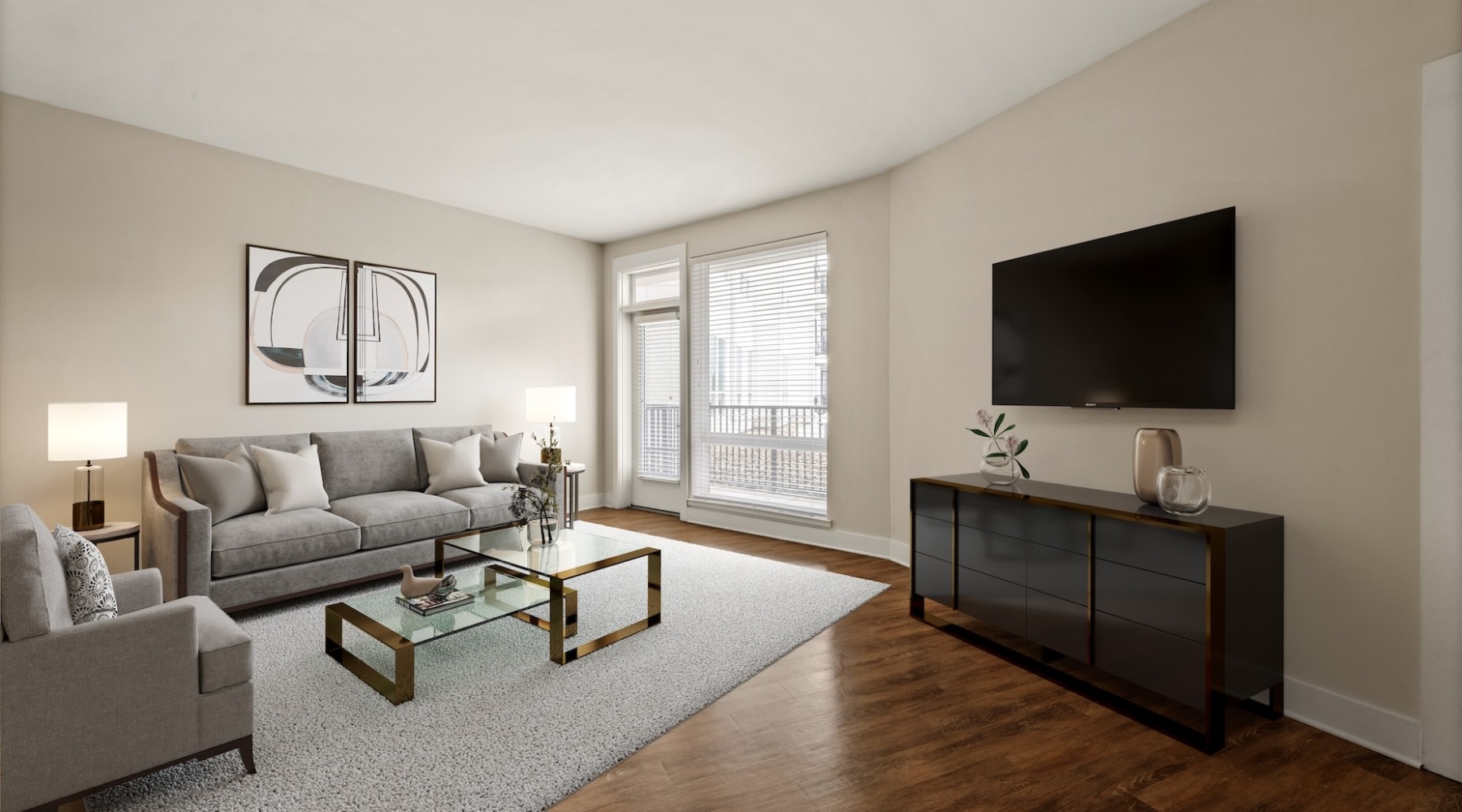 A spacious living room in our Emerson at Montford Park Apartments in Charlotte, NC.