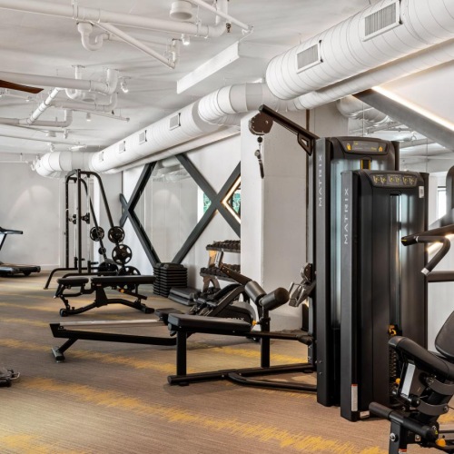 Quick access to state-of-the-art amenities Our fantastic fitness center at Emerson at Montford Park Apartments in Charlotte.